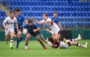 9 September 2017; Scott Penny of Leinster is tackled by Bruce Houston, right, and Stewart Moore of Ulster during the U19 Interprovincial Series match between Leinster and Ulster at Donnybrook Stadium in Dublin. Photo by Cody Glenn/Sportsfile