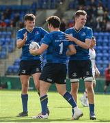 9 September 2017; Niall McEniff of Leinster is congratulated by team-mates David Ryan, left, and Adam Melia after scoring his side's third try during the U19 Interprovincial Series match between Leinster and Ulster at Donnybrook Stadium in Dublin. Photo by Cody Glenn/Sportsfile