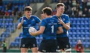 9 September 2017; Niall McEniff of Leinster is congratulated by team-mates David Ryan, left, and Adam Melia after scoring his side's third try during the U19 Interprovincial Series match between Leinster and Ulster at Donnybrook Stadium in Dublin. Photo by Cody Glenn/Sportsfile