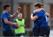 9 September 2017; Cormac Foley of Leinster, right, is congratulated by team-mates David Hawkshaw and David Ryan, left, after scoring his side's second try during the U19 Interprovincial Series match between Leinster and Ulster at Donnybrook Stadium in Dublin. Photo by Cody Glenn/Sportsfile