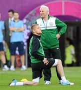 17 June 2012; Republic of Ireland manager Giovanni Trapattoni with captain Damien Duff during squad training ahead of their UEFA EURO 2012, Group C, game against Italy on Monday. Republic of Ireland EURO2012 Squad Training, Municipal Stadium Poznan, Poznan, Poland. Picture credit: David Maher / SPORTSFILE