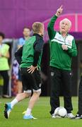 17 June 2012; Republic of Ireland manager Giovanni Trapattoni with captain Damien Duff during squad training ahead of their UEFA EURO 2012, Group C, game against Italy on Monday. Republic of Ireland EURO2012 Squad Training, Municipal Stadium Poznan, Poznan, Poland. Picture credit: David Maher / SPORTSFILE