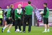 17 June 2012; Republic of Ireland manager Giovanni Trapattoni with captain Damien Duff, left, Robbie Keane, right, and goalkeeping coach Alan Kelly during squad training ahead of their UEFA EURO 2012, Group C, game against Italy on Monday. Republic of Ireland EURO2012 Squad Training, Municipal Stadium Poznan, Poznan, Poland. Picture credit: David Maher / SPORTSFILE