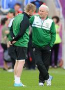 17 June 2012; Republic of Ireland manager Giovanni Trapattoni with captain Damien Duff  during squad training ahead of their UEFA EURO 2012, Group C, game against Italy on Monday. Republic of Ireland EURO2012 Squad Training, Municipal Stadium Poznan, Poznan, Poland. Picture credit: David Maher / SPORTSFILE
