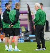 17 June 2012; Republic of Ireland manager Giovanni Trapattoni with captain Damien Duff and Robbie Keane during squad training ahead of their UEFA EURO 2012, Group C, game against Italy on Monday. Republic of Ireland EURO2012 Squad Training, Municipal Stadium Poznan, Poznan, Poland. Picture credit: David Maher / SPORTSFILE
