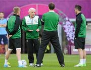 17 June 2012; Republic of Ireland manager Giovanni Trapattoni with captain Damien Duff, left, Robbie Keane, right, and goalkeeping coach Alan Kelly, during squad training ahead of their UEFA EURO 2012, Group C, game against Italy on Monday. Republic of Ireland EURO2012 Squad Training, Municipal Stadium Poznan, Poznan, Poland. Picture credit: David Maher / SPORTSFILE