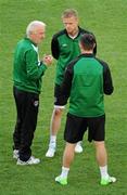 17 June 2012; Republic of Ireland manager Giovanni Trapattoni with Damien Duff, who will be captain when he wins his 100th cap against Italy, centre, and Robbie Keane during squad training ahead of their UEFA EURO 2012, Group C, game against Italy on Monday. Republic of Ireland EURO2012 Squad Training, Municipal Stadium Poznan, Poznan, Poland. Picture credit: Pat Murphy / SPORTSFILE