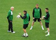 17 June 2012; Republic of Ireland manager Giovanni Trapattoni with, from left, Marco Tardelli, assistant coach, Damien Duff, who will be captain when he wins his 100th cap against Italy, and Robbie Keane during squad training ahead of their UEFA EURO 2012, Group C, game against Italy on Monday. Republic of Ireland EURO2012 Squad Training, Municipal Stadium Poznan, Poznan, Poland. Picture credit: Pat Murphy / SPORTSFILE