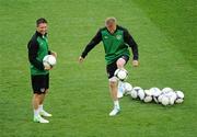 17 June 2012; Republic of Ireland's Damien Duff, who will be captain when he wins his 100th cap against Italy, and Robbie Keane, left, during squad training ahead of their UEFA EURO 2012, Group C, game against Italy on Monday. Republic of Ireland EURO2012 Squad Training, Municipal Stadium Poznan, Poznan, Poland. Picture credit: Pat Murphy / SPORTSFILE