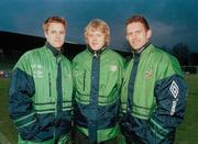 23 March 1998; Republic of Ireland's Damien Duff, centre, before his international debut, with team-mates, Alan Maybury, left, and Mark Kinsella, right. Czech Republic v Republic of Ireland, Sigma, Stadium, Olomouc, Czech Republic. Picture credit: David Maher / SPORTSFILE