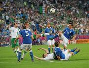 18 June 2012; Richard Dunne, Republic of Ireland, contests a loose ball with Antonio Di Natale, Italy. EURO2012, Group C, Republic of Ireland v Italy, Municipal Stadium Poznan, Poznan, Poland. Picture credit: David Maher / SPORTSFILE