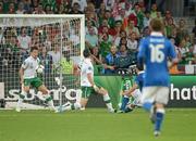 18 June 2012; Antonio Di Natale, Italy, has his shot on goal stopped on the line by Sean St. Ledger, Republic of Ireland. EURO2012, Group C, Republic of Ireland v Italy, Municipal Stadium Poznan, Poznan, Poland. Picture credit: Brendan Moran / SPORTSFILE