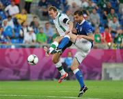 18 June 2012; Aiden McGeady, Republic of Ireland, in action against Thiago Motta, Italy. EURO2012, Group C, Republic of Ireland v Italy, Municipal Stadium Poznan, Poznan, Poland. Picture credit: Brendan Moran / SPORTSFILE