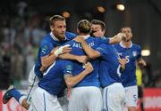 18 June 2012; Antonio Cassano, Italy, is congratulated by his team mates after scoring his side's first goal in the thirtyfifth minute. EURO2012, Group C, Republic of Ireland v Italy, Municipal Stadium Poznan, Poznan, Poland. Picture credit: Brendan Moran / SPORTSFILE