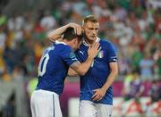 18 June 2012; Antonio Cassano, left, Italy, is congratulated by team mate Ignazio Abate after scoring his side's first goal in the thirtyfifth minute. EURO2012, Group C, Republic of Ireland v Italy, Municipal Stadium Poznan, Poznan, Poland. Picture credit: Brendan Moran / SPORTSFILE