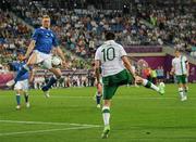 18 June 2012; Robbie Keane, Republic of Ireland, in action against Ignazio Abate, Italy. EURO2012, Group C, Republic of Ireland v Italy, Municipal Stadium Poznan, Poznan, Poland. Picture credit: David Maher / SPORTSFILE