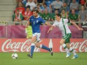 18 June 2012; Thiago Motta, Italy, is chased down by Keith Andrews, Republic of Ireland. EURO2012, Group C, Republic of Ireland v Italy, Municipal Stadium Poznan, Poznan, Poland. Picture credit: Brendan Moran / SPORTSFILE