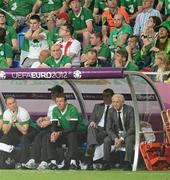 18 June 2012; Republic of Ireland manager Giovanni Trapattoni along with the Republic of Ireland bench and supporters, look on anxiously at the end of the firsrt half. EURO2012, Group C, Republic of Ireland v Italy, Municipal Stadium Poznan, Poznan, Poland. Picture credit: Brendan Moran / SPORTSFILE