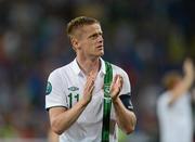 18 June 2012; A dejected Republic of Ireland captain Damien Duff applauds the crowd after the game. EURO2012, Group C, Republic of Ireland v Italy, Municipal Stadium Poznan, Poznan, Poland. Picture credit: David Maher / SPORTSFILE