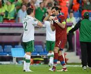 18 June 2012; Sean St. Ledger, Republic of Ireland, and, Italy's Gianluigi Buffon exchange jerseys at the end of the game. EURO2012, Group C, Republic of Ireland v Italy, Municipal Stadium Poznan, Poznan, Poland. Picture credit: David Maher / SPORTSFILE