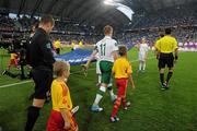 18 June 2012; Damien Duff, Republic of Ireland captain leads the team out for the start of the game against Italy. EURO2012, Group C, Republic of Ireland v Italy, Municipal Stadium Poznan, Poznan, Poland. Picture credit: David Maher / SPORTSFILE