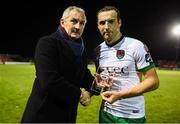 9 September 2017; Karl Sheppard of Cork City is presented with the man of the match by his manager John Caulfield following the Irish Daily Mail FAI Cup Quarter-Final match between Longford Town and Cork City at The City Calling Stadium in Longford. Photo by Stephen McCarthy/Sportsfile