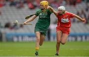 10 September 2017; Aoife Minogue of Meath in action against Jennifer Barry of Cork during the Liberty Insurance All-Ireland Intermediate Camogie Championship Final match between Cork and Meath at Croke Park in Dublin. Photo by Piaras Ó Mídheach/Sportsfile