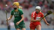 10 September 2017; Aoife Minogue of Meath in action against Jennifer Barry of Cork during the Liberty Insurance All-Ireland Intermediate Camogie Championship Final match between Cork and Meath at Croke Park in Dublin. Photo by Piaras Ó Mídheach/Sportsfile