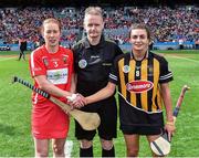 10 September 2017; Referee Owen Elliott with Rena Buckley captain of Cork and Anna Farrell captain of Kilkenny before the Liberty Insurance All-Ireland Senior Camogie Camogie Final match between Cork and Kilkenny at Croke Park in Dublin. Photo by Matt Browne/Sportsfile