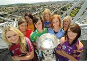 19 June 2012; At the Etihad Skyline at Croke Park this morning for the launch of the 2012 Camogie Championship in association with RTÉ Sport are, from left, Lorraine Ryan, Galway, Julia White, Cork, Susan Vaughan, Clare, Elaine Dermody, Offaly, Joanne Ryan, Tipperary, Elaine O'Meara, Dublin, Catherine Doherty, Kilkenny and Karen Atkinson, Wexford. Croke Park, Dublin. Photo by Sportsfile
