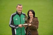 21 June 2012; Bray Wanderers’ striker Jason Byrne, who was presented with the Airtricity / SWAI Player of the Month Award for May 2012 by Gill Brady, Marketing Manager at Airtricity. Carlisle Grounds, Bray Wanderers, Bray. Picture credit: Barry Cregg / SPORTSFILE