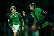 25 March 1998; Damien Duff, Republic of Ireland, on his international debut, receives instructions from assistant manager Ian Evans, during the game. Czech Republic v Republic of Ireland, Sigma, Stadium, Olomouc, Czech Republic. Picture credit: David Maher / SPORTSFILE