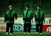 23 March 1998; Republic of Ireland's Damien Duff, left, before his international debut, with team-mates, Alan Maybury, centre, and Mark Kinsella, right. Czech Republic v Republic of Ireland, Sigma, Stadium, Olomouc, Czech Republic. Picture credit: David Maher / SPORTSFILE