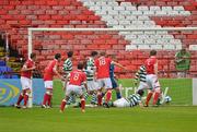 21 June 2012; Paul Byrne, 18, Shelbourne, shoots to score his side's first goal. Airtricity League Premier Division, Shelbourne v Shamrock Rovers, Tolka Park, Dublin. Picture credit: Barry Cregg / SPORTSFILE