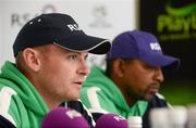 22 June 2012; Ireland captain William Porterfield, left, and coach Phil Simmons speaking to the media during a press conference ahead of their RSA Challenge ODI match against Australia on Saturday. Ireland Cricket Press Conference, Stormont, Belfast, Co. Antrim. Picture credit: Oliver McVeigh / SPORTSFILE