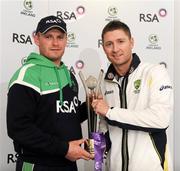 22 June 2012; Ireland captain William Porterfield, left, and Australia captain Michael Clarke, along with the RSA challenge trophy during a press conference ahead of their RSA Challenge ODI match against Australia on Saturday. Ireland Cricket Press Conference, Stormont, Belfast, Co. Antrim. Picture credit: Oliver McVeigh / SPORTSFILE