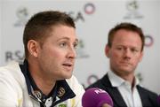 22 June 2012; Australia captain Michael Clarke, left, and Pat Howard, General Manager for Team Performance, speaking to the media during a press conference ahead of their RSA Challenge ODI match against Ireland on Saturday. Australia Cricket Press Conference, Stormont, Belfast, Co. Antrim. Picture credit: Oliver McVeigh / SPORTSFILE