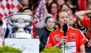 10 September 2017; Cork captain Rena Buckley gives her acceptance speech after the Liberty Insurance All-Ireland Senior Camogie Final match between Cork and Kilkenny at Croke Park in Dublin. Photo by Piaras Ó Mídheach/Sportsfile