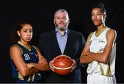 13 September 2017; Patrick O'Neill, Ulster University Elks, Belfast, Women's team head coach, with Natalya Lee and Nia Moore of Ulster University Elks, Belfast, pictured at the official launch of the Basketball Ireland season 2017/18 at the National Basketball Arena in Tallaght, Dublin, where the Hula Hoops National Cup draw also took place. Photo by Sam Barnes/Sportsfile