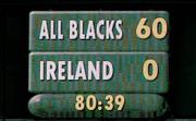 23 June 2012; A general view of the scoreboard showing the final score. This scoreline is New Zealand's highest victory over Ireland. Steinlager Series 2012, 3rd Test, New Zealand v Ireland, Waikato Stadium, Hamilton, New Zealand. Picture credit: Ross Setford / SPORTSFILE