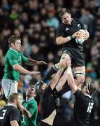 23 June 2012; Richie McCaw, New Zealand, wins possession for his side in a lineout against Ireland. Steinlager Series 2012, 3rd Test, New Zealand v Ireland, Waikato Stadium, Hamilton, New Zealand. Picture credit: Ross Setford / SPORTSFILE