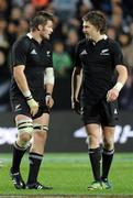 23 June 2012; New Zealand's Richie McCaw, left, and Beauden Barrett after the game. Steinlager Series 2012, 3rd Test, New Zealand v Ireland, Waikato Stadium, Hamilton, New Zealand. Picture credit: Ross Setford / SPORTSFILE