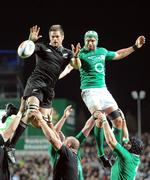 23 June 2012; Dan Touhy, Ireland, and Richie McCaw, New Zealand, contest a lineout. Steinlager Series 2012, 3rd Test, New Zealand v Ireland, Waikato Stadium, Hamilton, New Zealand. Picture credit: Ross Setford / SPORTSFILE