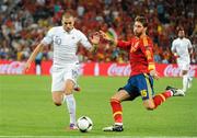 23 June 2012; Karim Benzema, France, in action against Sergio Ramos, Spain. UEFA EURO 2012, Quarter-Final, Spain v France, Donbass Arena, Donetsk, Ukraine. Picture credit: Pat Murphy / SPORTSFILE