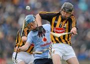 23 June 2012; Oisin O'Rorke, Dublin, in action against James Maher, right, and Robbie Fitzpatrick, Kilkenny. Electric Ireland Leinster GAA Hurling Minor Championship Semi-Final, Dublin v Kilkenny, O'Moore Park, Portlaoise, Co. Laois. Picture credit: Stephen McCarthy / SPORTSFILE