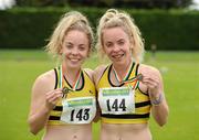 24 June 2012; Twin sisters Jessica, left, and Christine Neville, from Leevale AC, Co. Cork, who won second and third respectively in the Junior Women's 400m hurdles during the Woodie's DIY Junior and U23 Track and Field Championships of Ireland, Tullamore Harriers A.C., Tullamore, Co. Offaly. Picture credit: Matt Browne / SPORTSFILE