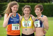 24 June 2012; Gold medal winner Phil Healy, centre, from Bandon AC, Co. Cork, with silver medal winner Grainne Moynihan, left, from West Muskerry AC, Co. Cork, and bronze medallist Chloe Boomer, from Lagan Valley AC, Belfast, Co. Antrim, after the Junior Woman's 200m at the Woodie's DIY Junior and U23 Track and Field Championships of Ireland, Tullamore Harriers A.C., Tullamore, Co. Offaly. Picture credit: Matt Browne / SPORTSFILE