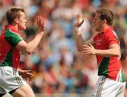 24 June 2012; Andy Moran, Mayo, celebrates after scoring his side's second goal with team-mate Donal Vaughan, left. Connacht GAA Football Senior Championship Semi-Final, Mayo v Leitrim, McHale Park, Castlebar, Co. Mayo. Photo by Sportsfile