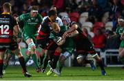 15 September 2017; Rory Scholes of Connacht is tackled by Gavin Henson, left, and Ollie Griffiths of Dragons during the Guinness PRO14 Round 3 match between Dragons and Connacht at Rodney Parade in Newport, Wales. Photo by Chris Fairweather/Sportsfile