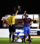 15 September 2017; Chris Mulhall of Drogheda United reacts as he is shown ared card by referee Robert Hennessy during the SSE Airtricity League Premier Division match between Drogheda United and Bohemians at United Park in Drogheda, Co. Louth. Photo by Seb Daly/Sportsfile
